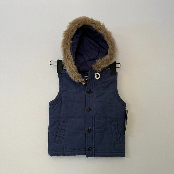 Genuine Kids Oshkosh Navy Puffer Vest Faux Fur Hood - Size 18 Months - Picture 1 of 11